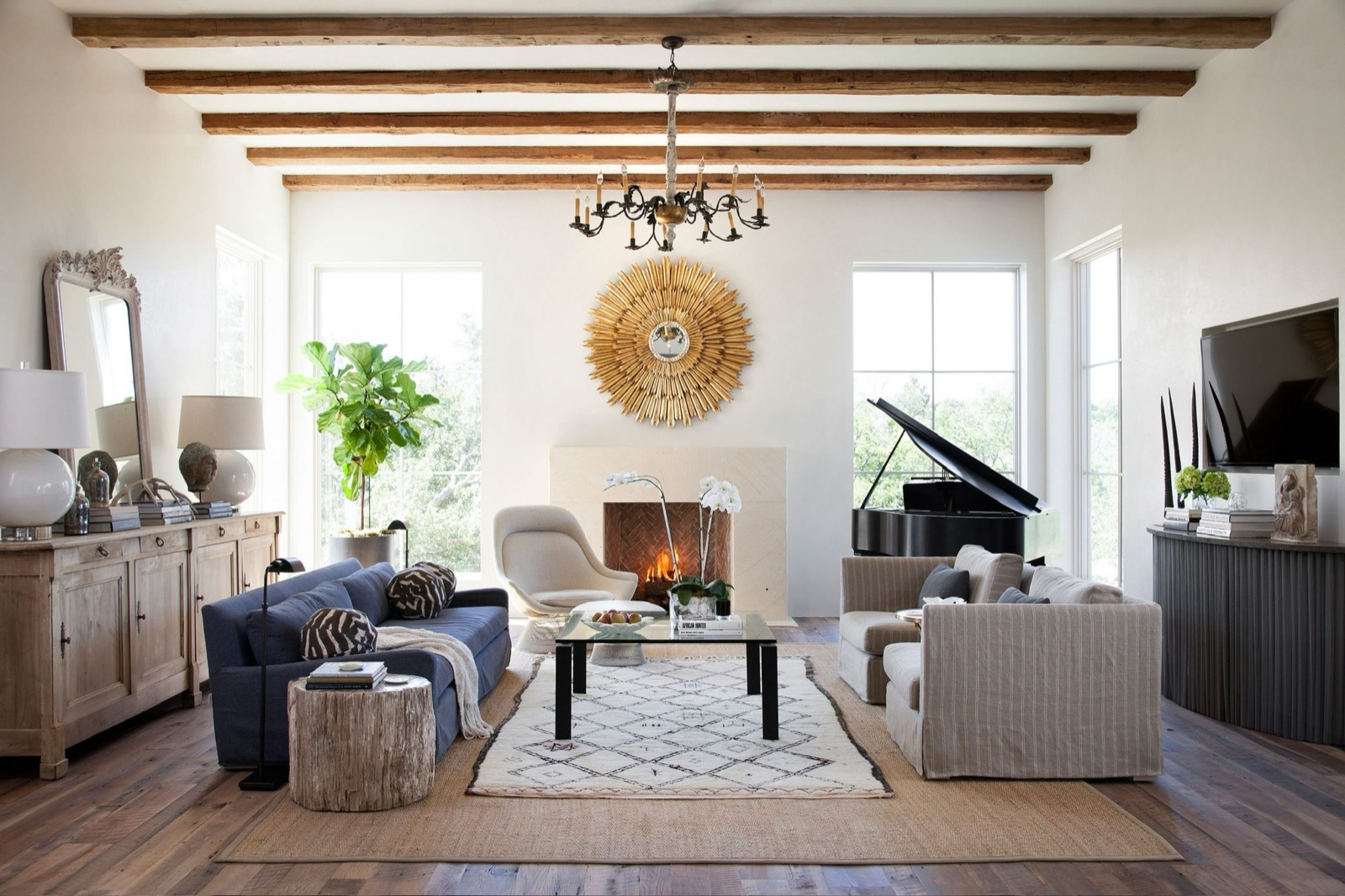 Bright living room with exposed reclaimed beam ceiling